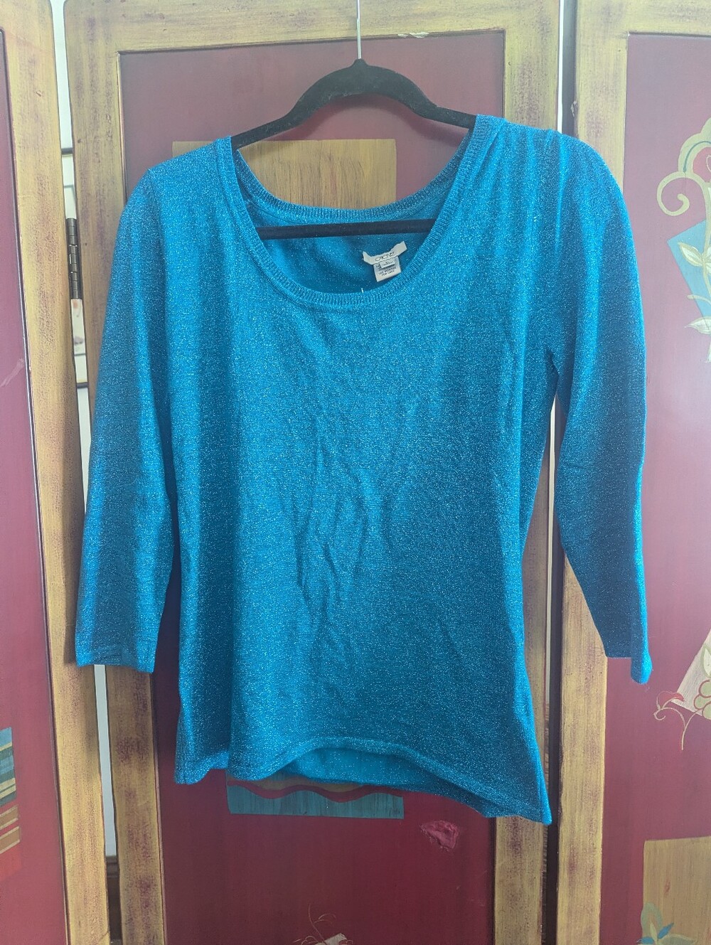 VTG Y2K Cache NWT Teal Blue New Embellished Glitter Long Sleeve Tee T Shirt Top